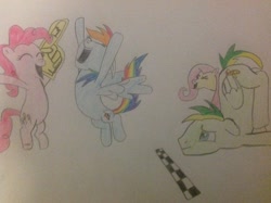 Size: 2592x1936 | Tagged: safe, artist:didgereethebrony, character:fluttershy, character:pinkie pie, character:rainbow dash, oc, oc:didgeree, species:pony, fail, race, traditional art