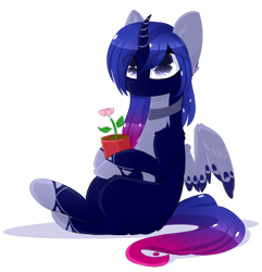 Size: 1024x1064 | Tagged: safe, artist:little-sketches, oc, oc only, oc:yosamu, species:alicorn, species:pony, alicorn oc, curved horn, female, flower, flower pot, gradient hair, looking at you, mare, simple background, solo, transparent background
