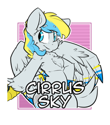 Size: 2100x2400 | Tagged: safe, artist:bbsartboutique, oc, oc only, oc:cirrus sky, parent:oc:camellia sky, parent:oc:russet sky, parents:oc x oc, species:hippogriff, armpits, badge, biologically justified underarm fluff, chest fluff, con badge, holding hands, offscreen character, simple background, talons, transparent background