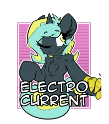 Size: 2100x2400 | Tagged: safe, artist:bbsartboutique, oc, oc only, oc:electro current, species:pony, species:unicorn, badge, con badge, digital multimeter, holding hands, looking at each other, one eye closed, text