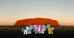 Size: 2000x1040 | Tagged: safe, artist:didgereethebrony, character:cloudy quartz, character:igneous rock pie, character:limestone pie, character:marble pie, character:maud pie, character:pinkie pie, species:earth pony, species:pony, australia, ayers rock, digital art, father and daughter, female, male, mother and daughter, pie family, pie sisters, quartzrock, siblings, sisters, uluru