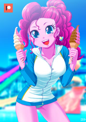 Size: 707x1000 | Tagged: safe, artist:uotapo, character:pinkie pie, my little pony:equestria girls, bikini, breasts, cleavage, clothing, cute, diapinkes, ear piercing, earring, female, food, ice cream, ice cream cone, jewelry, looking at you, patreon, patreon logo, piercing, smiling, soft serve, solo, swimsuit, underass, water park