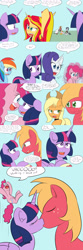 Size: 1600x4800 | Tagged: safe, artist:jake heritagu, character:applejack, character:big mcintosh, character:pinkie pie, character:rainbow dash, character:rarity, character:rumble, character:scootaloo, character:sunset shimmer, character:twilight sparkle, character:twilight sparkle (alicorn), oc, oc:lightning blitz, oc:sandy hooves, parent:rain catcher, parent:scootaloo, parents:catcherloo, species:alicorn, species:pegasus, species:pony, comic:ask motherly scootaloo, motherly scootaloo, ship:twimac, baby, baby pony, blushing, clothing, colt, comic, cute, dialogue, dress, female, holding a pony, kissing, macabetes, male, meme, offspring, older, older rumble, older scootaloo, shipping, speech bubble, straight, twiabetes, x intensifies