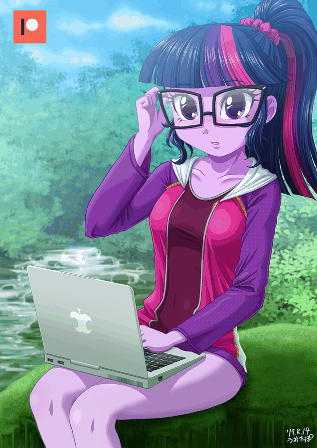 Size: 636x900 | Tagged: safe, alternate version, artist:uotapo, edit, character:twilight sparkle, character:twilight sparkle (scitwi), species:eqg human, my little pony:equestria girls, adorasexy, adorkable, animated, bicolor swimsuit, blushing, clothing, cloud, computer, cute, dork, female, forest, gif, glasses, grass, hoodie, laptop computer, looking at you, one-piece swimsuit, patreon, patreon logo, ponytail, purple swimsuit, river, school swimsuit, sexy, shadowbolts swimsuit, solo, swimsuit, twiabetes