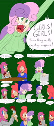 Size: 2400x5600 | Tagged: safe, artist:jake heritagu, character:apple bloom, character:scootaloo, character:sweetie belle, oc, oc:lightning blitz, parent:rain catcher, parent:scootaloo, parents:catcherloo, species:human, species:pegasus, species:pony, comic:ask motherly scootaloo, motherly scootaloo, baby, baby bottle, clothing, comic, crying, cutie mark crusaders, dialogue, female, hairpin, humanized, humanized oc, male, milk, mother and son, offspring, older, older apple bloom, older scootaloo, older sweetie belle, speech bubble, sweater, sweatshirt