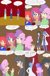 Size: 1600x2400 | Tagged: safe, artist:jake heritagu, character:apple bloom, character:dj pon-3, character:octavia melody, character:scootaloo, character:sweetie belle, character:vinyl scratch, oc, oc:lightning blitz, parent:rain catcher, parent:scootaloo, parents:catcherloo, species:human, species:pegasus, species:pony, comic:ask motherly scootaloo, motherly scootaloo, ask human octavia, baby, clothing, comic, cutie mark crusaders, dialogue, female, hairpin, humanized, humanized oc, male, mother and son, offspring, older, older apple bloom, older scootaloo, older sweetie belle, speech bubble, sweater, sweatshirt