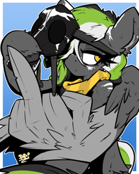 Size: 1058x1322 | Tagged: safe, artist:bbsartboutique, oc, oc only, oc:graphite sketch, species:pegasus, species:pony, bandana, face paint, gas mask, mask, middle feather, middle finger, unshorn fetlocks, vulgar, wing hands
