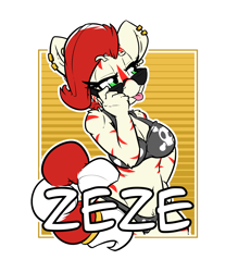 Size: 2100x2400 | Tagged: safe, artist:bbsartboutique, oc, oc only, oc:zeze, species:anthro, species:zebra, badge, belly button, bikini, clothing, con badge, stripes, sunglasses, swimsuit