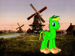 Size: 3287x2426 | Tagged: safe, artist:didgereethebrony, oc, oc only, oc:didgeree, species:pony, clogs, digital art, dutch, holland, netherlands, solo, windmill