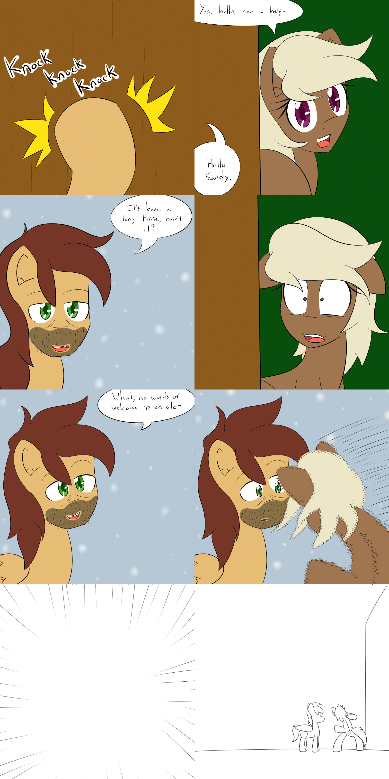 Size: 1600x3200 | Tagged: safe, artist:jake heritagu, oc, oc only, oc:high rise, oc:sandy hooves, species:pony, comic:ask motherly scootaloo, animated, comic, falcon punch, gif, knocking, punch, snow, stubble