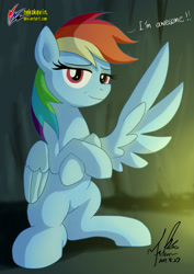 Size: 2480x3507 | Tagged: safe, artist:nekokevin, character:rainbow dash, species:pegasus, species:pony, episode:campfire tales, g4, my little pony: friendship is magic, dialogue, female, forelegs crossed, high res, looking at you, mare, one wing out, sitting, smiling, solo, text