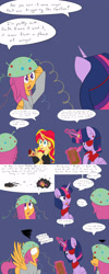 Size: 1600x4000 | Tagged: safe, artist:jake heritagu, character:scootaloo, character:sunset shimmer, character:twilight sparkle, character:twilight sparkle (alicorn), oc, oc:hades, oc:lightning blitz, parent:rain catcher, parent:scootaloo, parents:catcherloo, species:alicorn, species:pegasus, species:pony, comic:ask motherly scootaloo, motherly scootaloo, aura, baby, baby pony, blue background, clipboard, clothing, colt, comic, equestria girls outfit, eyepatch, holding a pony, male, offspring, older, older scootaloo, pointy ponies, quill, ring, simple background, spread wings, sweatshirt, wedding ring, wings