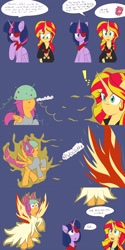 Size: 1600x3200 | Tagged: safe, artist:jake heritagu, character:daydream shimmer, character:scootaloo, character:sunset shimmer, character:twilight sparkle, character:twilight sparkle (alicorn), oc, oc:lightning blitz, parent:rain catcher, parent:scootaloo, parents:catcherloo, species:alicorn, species:pegasus, species:pony, comic:ask motherly scootaloo, motherly scootaloo, my little pony:equestria girls, aura, baby, baby pony, blue background, clothing, colt, comic, daydream shimmer, dress, equestria girls outfit, eyepatch, fiery wings, fire, holding a pony, magic theft, male, offspring, older, older scootaloo, ring, simple background, sweatshirt, wedding ring