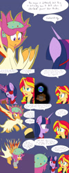 Size: 1600x4000 | Tagged: safe, artist:jake heritagu, character:daydream shimmer, character:scootaloo, character:sunset shimmer, character:twilight sparkle, character:twilight sparkle (alicorn), species:alicorn, species:pegasus, species:pony, comic:ask motherly scootaloo, motherly scootaloo, my little pony:equestria girls, aura, clothing, comic, daydream shimmer, dress, eyepatch, fiery wings, fire, planet, ring, sweatshirt, tartarus, wedding ring