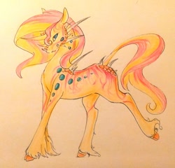 Size: 1024x981 | Tagged: safe, artist:oneiria-fylakas, character:sunset shimmer, species:pony, curved horn, female, original species, skall, solo, species swap, traditional art