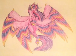 Size: 1024x762 | Tagged: safe, artist:oneiria-fylakas, character:twilight sparkle, character:twilight sparkle (alicorn), species:alicorn, species:pony, braham, colored wings, female, multicolored wings, multiple wings, original species, seraph, seraphicorn, solo, species swap, traditional art, unshorn fetlocks