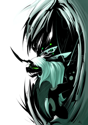 Size: 2480x3507 | Tagged: safe, artist:underpable, character:queen chrysalis, species:changeling, g4, changeling queen, drool, fangs, female, glowing eyes, intimidating, signature, simple background, solo