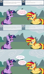 Size: 1280x2168 | Tagged: safe, artist:hakunohamikage, character:sunset shimmer, character:twilight sparkle, character:twilight sparkle (alicorn), species:alicorn, species:pony, ask-princesssparkle, ask, bandage, prone, sad, sitting, tumblr, vector