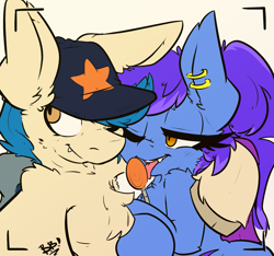Size: 1883x1763 | Tagged: safe, artist:bbsartboutique, artist:php40, oc, oc only, oc:evening lily, oc:moonshot, species:bat pony, species:pony, baseball cap, camera shot, candy, cap, clothing, ear piercing, earring, eveshot, food, hat, jewelry, lollipop, piercing, recording, selfie, simple background, tongue out, white background