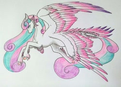 Size: 1024x740 | Tagged: safe, artist:oneiria-fylakas, character:princess flurry heart, species:alicorn, species:pony, colored wings, female, flying, multicolored wings, multiple wings, older, original species, seraph, seraphicorn, solo, species swap, traditional art, unshorn fetlocks