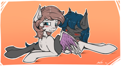 Size: 3188x1755 | Tagged: safe, artist:neko-me, oc, oc only, oc:nuke, oc:speck, species:bat pony, species:pegasus, species:pony, bat pony oc, blushing, commission, eyes closed, female, husband and wife, male, mare, married couple, married couples doing married things, preening, prone, simple background, smiling, speke