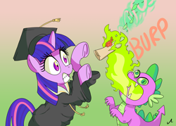 Size: 2800x2000 | Tagged: safe, artist:docwario, character:spike, character:twilight sparkle, species:dragon, species:pony, newbie artist training grounds, atg 2017, burp, clothing, diploma, female, fire, green fire, hat, mare
