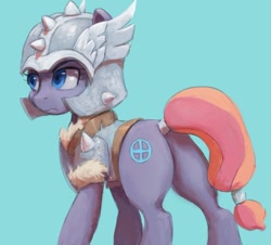 Size: 1036x935 | Tagged: safe, artist:grissaecrim, character:sun cross, species:earth pony, species:pony, episode:campfire tales, g4, my little pony: friendship is magic, armor, blue background, female, helmet, mare, mighty helm, plot, serious, serious face, simple background, solo