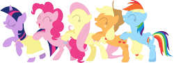 Size: 3594x1303 | Tagged: safe, artist:porygon2z, character:applejack, character:fluttershy, character:pinkie pie, character:rainbow dash, character:twilight sparkle, species:earth pony, species:pegasus, species:pony, species:unicorn, episode:sweet and elite, g4, my little pony: friendship is magic, butt touch, clothing, conga, dress, eyes closed, female, hoof on butt, mare, simple background, transparent background, vector