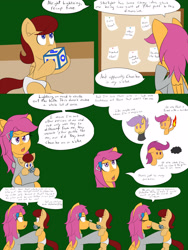 Size: 2400x3200 | Tagged: safe, artist:jake heritagu, character:scootaloo, oc, oc:lightning blitz, parent:rain catcher, parent:scootaloo, parents:catcherloo, species:pegasus, species:pony, comic:ask motherly scootaloo, motherly scootaloo, alternate timeline, baby, baby pony, blocks, boop, chewing, colt, comic, dialogue, duo, eating, female, hairpin, holding a pony, male, mother and son, mouth hold, multiverse, noseboop, notes, offspring, older, older scootaloo, pinboard, speech bubble, sweatshirt, toy