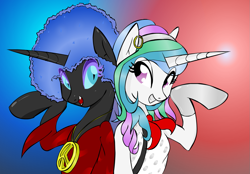 Size: 1275x886 | Tagged: safe, artist:zev, character:nightmare moon, character:princess celestia, character:princess luna, species:alicorn, species:pony, 70s, afro, alternate hairstyle, clothing, costume, duo, duo female, earring, female, gloves, gradient background, mare, peace sign, piercing, princess