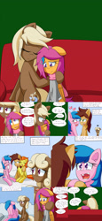Size: 2400x5200 | Tagged: safe, artist:jake heritagu, character:firefly, character:scootaloo, character:stormy flare, oc, oc:high rise, oc:sandy hooves, species:pegasus, species:pony, comic:ask motherly scootaloo, motherly scootaloo, clothing, comic, couch, crying, flashback, hairpin, scarf, sweatshirt