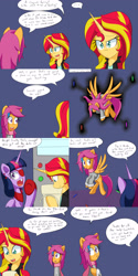Size: 1600x3200 | Tagged: safe, artist:jake heritagu, character:scootaloo, character:sunset shimmer, character:twilight sparkle, character:twilight sparkle (alicorn), species:alicorn, species:pegasus, species:pony, comic:ask motherly scootaloo, motherly scootaloo, aura, clothing, comic, eyepatch, hairpin, machine, ring, scarf, sweatshirt, wedding ring