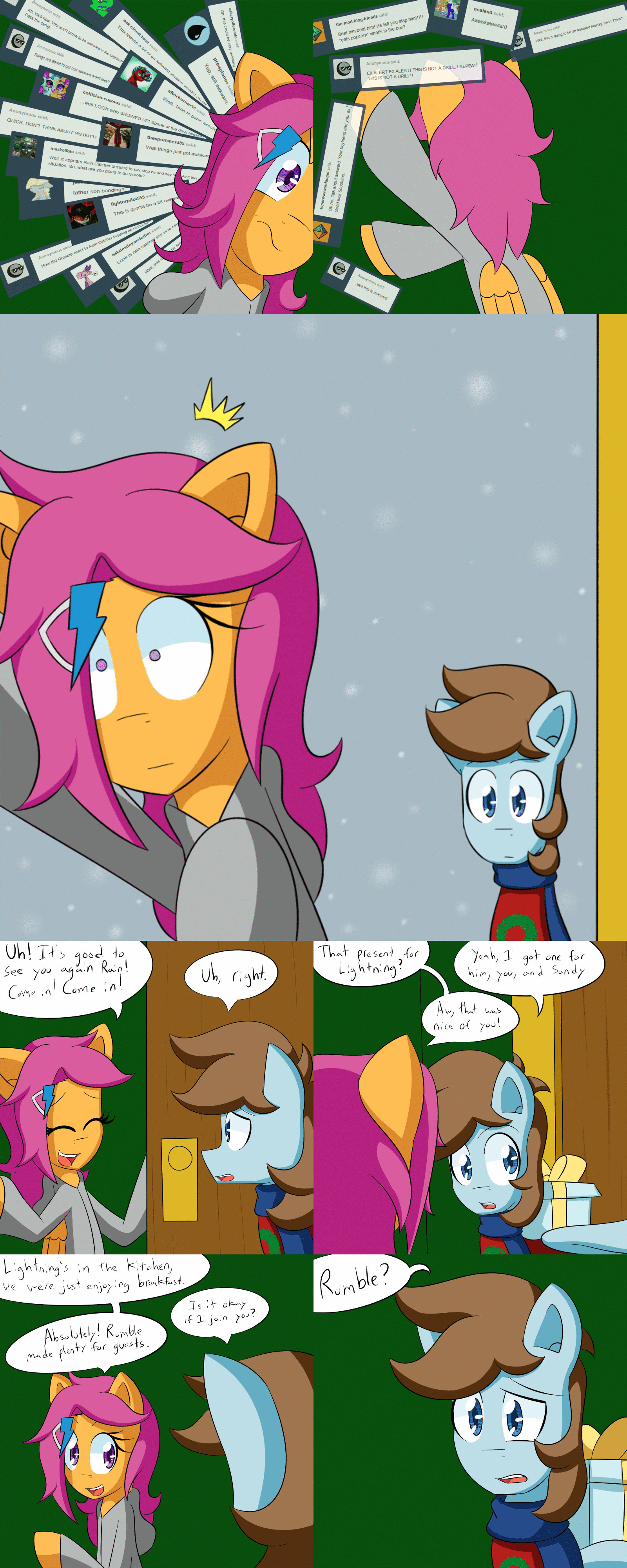 Size: 1600x4000 | Tagged: safe, artist:jake heritagu, character:chip mint, character:rain catcher, character:scootaloo, species:pegasus, species:pony, comic:ask motherly scootaloo, motherly scootaloo, animated, ask, christmas sweater, clothing, comic, female, gif, hairpin, present, scarf, snow, sweater, sweatshirt