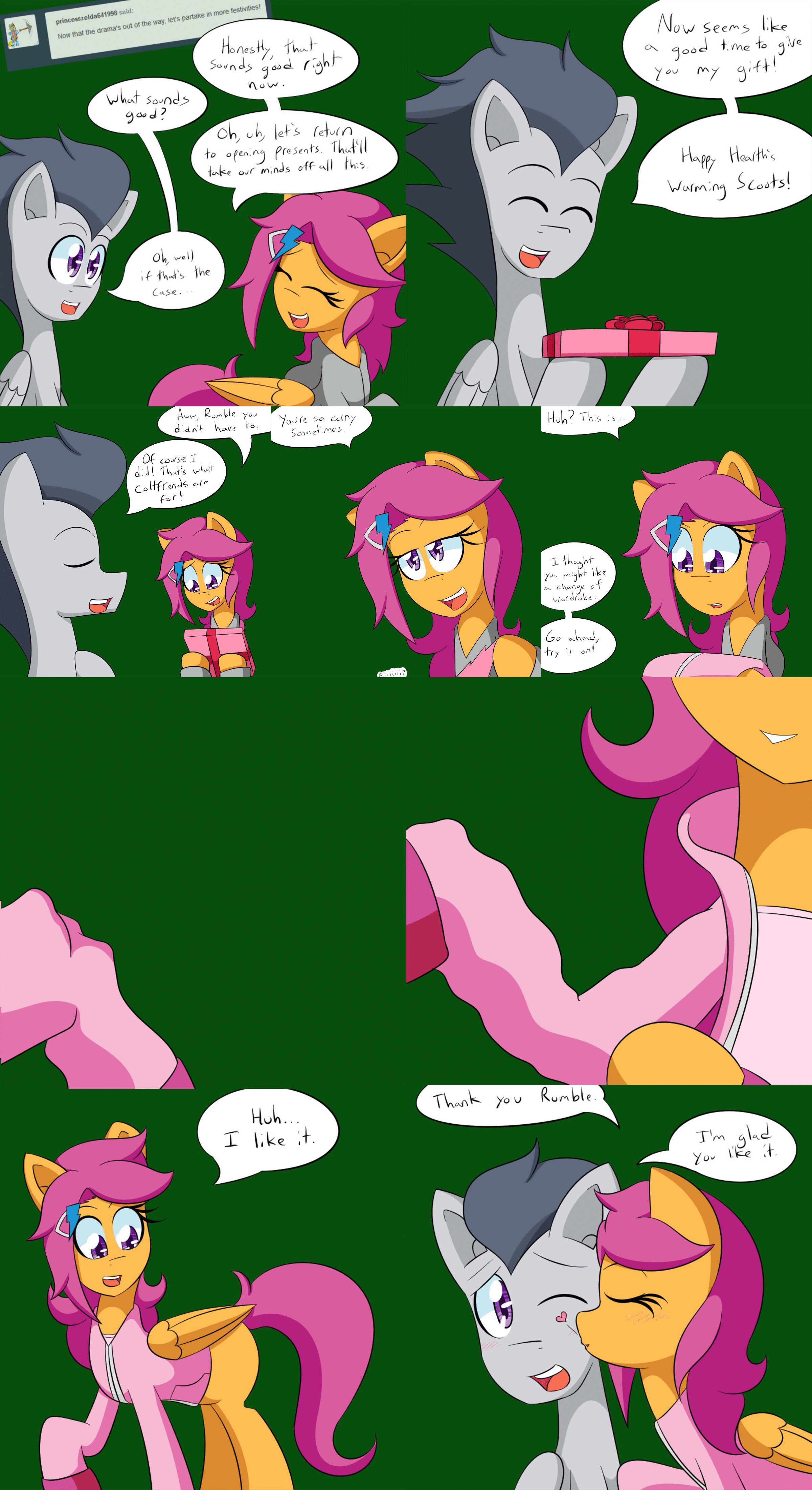 Size: 2400x4400 | Tagged: safe, artist:jake heritagu, character:rumble, character:scootaloo, species:pegasus, species:pony, comic:ask motherly scootaloo, motherly scootaloo, ship:rumbloo, animated, ask, blushing, comic, female, gif, hairpin, kiss on the cheek, kissing, male, present, shipping, straight, suit up!, sweatshirt