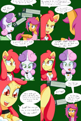 Size: 1600x2400 | Tagged: safe, artist:jake heritagu, character:apple bloom, character:scootaloo, character:sweetie belle, species:pegasus, species:pony, comic:ask motherly scootaloo, motherly scootaloo, ship:sweetiebloom, ask, clothing, comic, cutie mark crusaders, female, hairpin, lesbian, medallion, shipping, sweater, sweatshirt