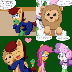 Size: 1600x1600 | Tagged: safe, artist:jake heritagu, character:scootaloo, character:sweetie belle, oc, oc:lightning blitz, parent:rain catcher, parent:scootaloo, parents:catcherloo, species:pegasus, species:pony, comic:ask motherly scootaloo, motherly scootaloo, baby, baby pony, big cat, chewing, clothing, colt, comic, crying, dinosaur, eating, green background, hairpin, heart, hug, lion, male, medallion, nightgown, offspring, older, older scootaloo, older sweetie belle, plushie, simple background, sweater, sweatshirt, toy