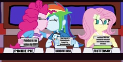 Size: 1251x638 | Tagged: safe, artist:ktd1993, character:fluttershy, character:pinkie pie, character:rainbow dash, ship:pinkiedash, my little pony:equestria girls, clothing, eyes closed, female, frown, kissing, lesbian, match game (game show), shipping