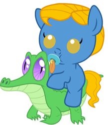Size: 796x917 | Tagged: safe, artist:red4567, character:gummy, character:perfect pace, species:pony, baby, baby pony, cute, pacifier, ponies riding gators, riding, simple background, white background