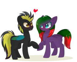 Size: 1024x835 | Tagged: safe, artist:little-sketches, oc, oc only, oc:electric night, oc:swift, species:pegasus, species:pony, colored wings, female, heart, male, mare, multicolored wings, oc x oc, shipping, simple background, stallion, straight, transparent background