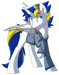 Size: 3312x4206 | Tagged: safe, artist:chub-wub, oc, oc only, species:alicorn, species:pony, alicorn oc, clothing, looking up, male, requested art, simple background, solo, stallion, sweater, tongue out, transparent background
