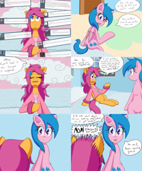 Size: 2000x2400 | Tagged: safe, artist:jake heritagu, character:firefly, character:scootaloo, species:pegasus, species:pony, comic:ask motherly scootaloo, motherly scootaloo, ask, bed, blanket, cloud, comic, hairpin, sweatshirt, wonderbolts poster