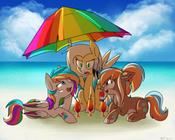 Size: 4500x3600 | Tagged: safe, artist:chub-wub, oc, oc only, species:pegasus, species:pony, species:unicorn, annoyed, beach, catpony, colored wings, feather, group, magaritas, original species, smiling, smirk, umbrella
