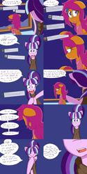 Size: 2000x4000 | Tagged: safe, artist:jake heritagu, character:scootaloo, character:starlight glimmer, species:pegasus, species:pony, comic:ask motherly scootaloo, motherly scootaloo, ask, cloak, clothing, cloudsdale, comic, hairpin, implied sunburst, smug, smuglight glimmer, sweatshirt