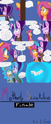 Size: 2000x4800 | Tagged: safe, artist:jake heritagu, character:scootaloo, character:starlight glimmer, oc, oc:lightning blitz, parent:rain catcher, parent:scootaloo, parents:catcherloo, species:pegasus, species:pony, comic:ask motherly scootaloo, motherly scootaloo, baby, baby pony, blue background, cloak, clothing, colt, comic, dialogue, female, hairpin, holding a pony, male, mother and son, offspring, older, older scootaloo, simple background, sleeping, smug, smuglight glimmer, speech bubble, sweatshirt, teleportation, waking up