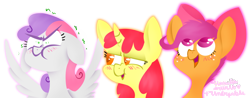 Size: 1024x400 | Tagged: safe, artist:underpable, artist:vanillaswirl6, character:apple bloom, character:scootaloo, character:sweetie belle, species:earth pony, species:pegasus, species:pony, species:unicorn, :t, blushing, bow, collaboration, colored pupils, cute, cutie mark crusaders, embarrassed, female, filly, floppy ears, freckles, hair bow, happy, lidded eyes, looking up, open mouth, puffy cheeks, race swap, scrunchy face, simple background, spread wings, transparent background, trio, wings