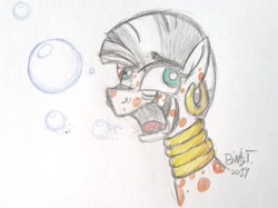 Size: 1827x1366 | Tagged: safe, artist:binkyt11, derpibooru original, character:zecora, species:zebra, episode:a health of information, g4, my little pony: friendship is magic, bubble, bust, coughing, ear piercing, earring, faec, female, jewelry, majestic as fuck, neck rings, piercing, sick, simple background, solo, swamp fever, that was fast, traditional art, white background