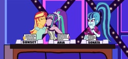 Size: 1319x606 | Tagged: safe, artist:ktd1993, character:aria blaze, character:sonata dusk, character:sunset shimmer, ship:sunblaze, my little pony:equestria girls, female, kissing, lesbian, match game (game show), shipping, sunblaze