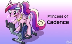 Size: 766x465 | Tagged: safe, artist:uotapo, character:princess cadance, species:alicorn, species:pony, bicycle, blushing, exercise, exercise bike, female, good trick, mare, ponytail, pun, snorting, solo, spinning, sweat, teen princess cadance, visual gag, workout