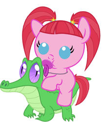 Size: 886x1017 | Tagged: safe, artist:red4567, character:gummy, character:pacific glow, species:pony, baby, baby pony, cute, glowbetes, pacifier, ponies riding gators, riding, simple background, white background