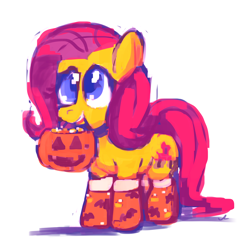 Size: 1500x1500 | Tagged: safe, artist:docwario, character:fluttershy, species:pegasus, species:pony, clothing, cute, female, halloween, holiday, jack-o-lantern, mouth hold, pumpkin, pumpkin bucket, simple background, socks, solo, white background